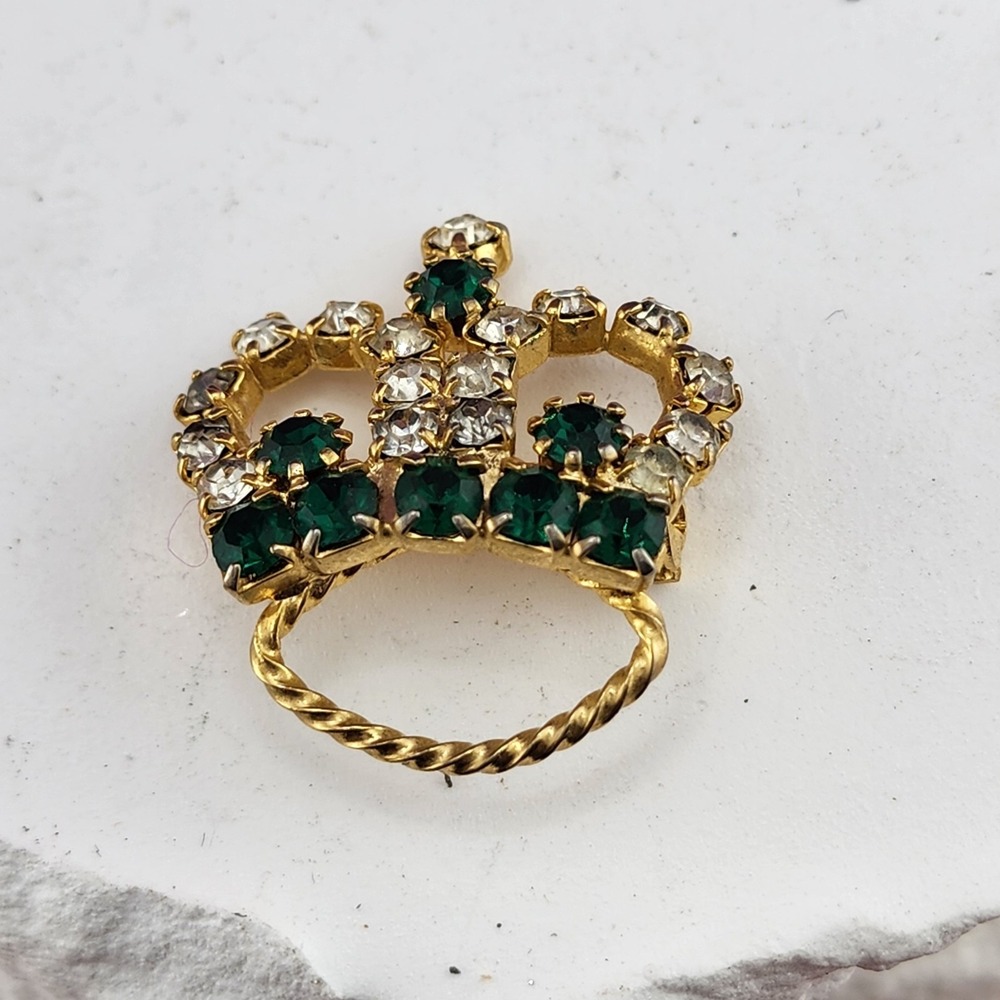 Green Clear Rhinestone Crown Brooch Pin Gold Tone Regal Costume Jewelry Pin